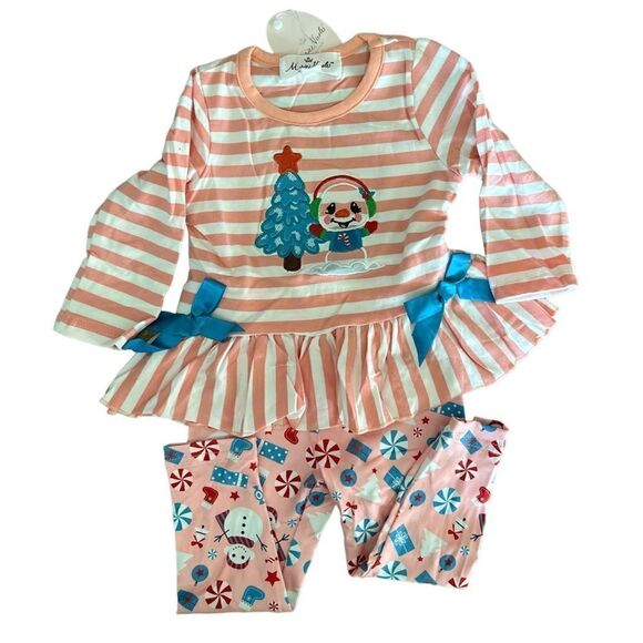 NWT Girls 2 piece Peach Stripe With Snowmen, Candy & Bow Detail -Size 6-12 Month - Picture 2 of 8
